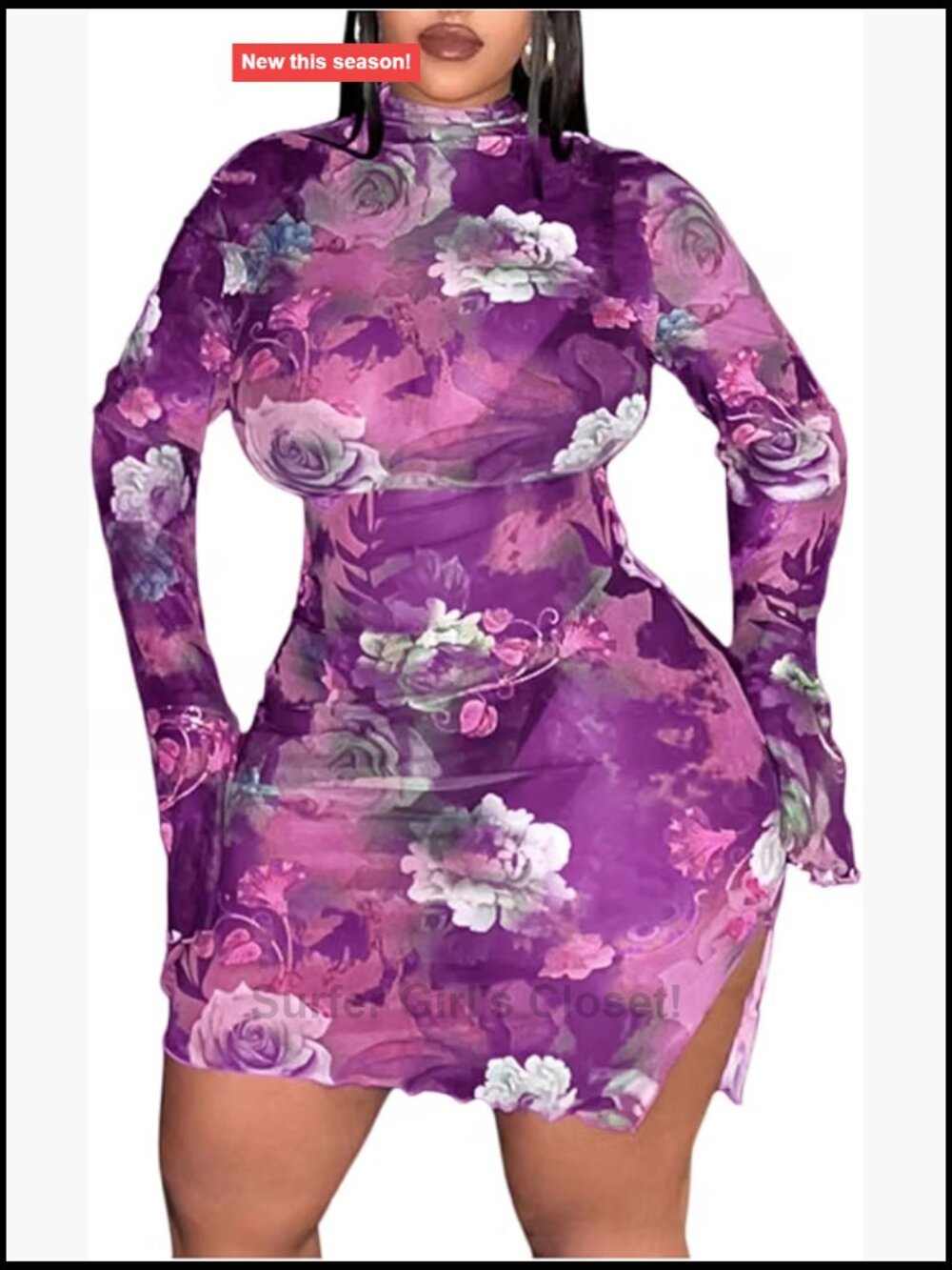 Plus Size Floral Print Mesh Bell Sleeve Bodycon Mini Dress